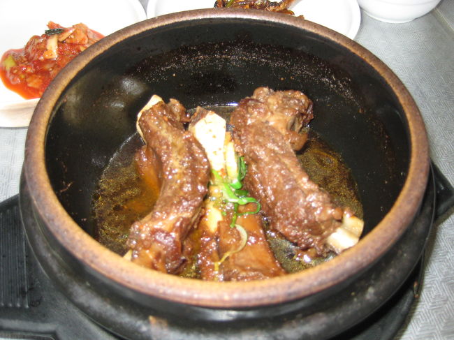 大きな骨つき肉が３本入ってます。<br />甘めな煮込みで辛くないので食べやすい。<br />ここでもキムチには手はつけてません・・・<br />バスでの移動や飛行機に乗るので<br />気分が悪くならないように<br />気をつけています。
