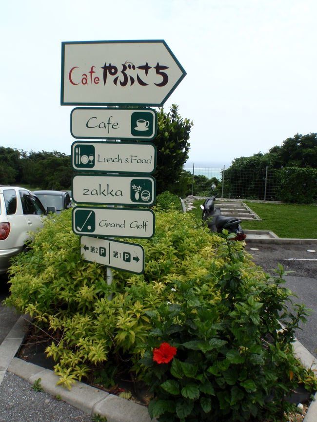 到着日雨だと思っていたら、かろうじて晴れてるって感じの沖縄でした。<br />どしゃぶりじゃないので良しとしなくちゃね。<br />１２時頃予定通りレンタカーをピックアップして南部へ。<br />予約済みの「ガンガラーの谷」ツアーの開始が１４：００なので「くるくま」は混んでるとアウトだから<br />「やぶさち」でランチにしました。<br />