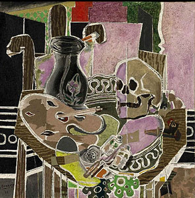 ブラック(Georeges Blaques)の作品。 「頭蓋骨のあるアトリエ」<br />丁度この頃、ブラックはピカソと親友だったが、ピカソも同じテーマで作品を描いていて、その作品がブラックの絵の左にあった。<br />