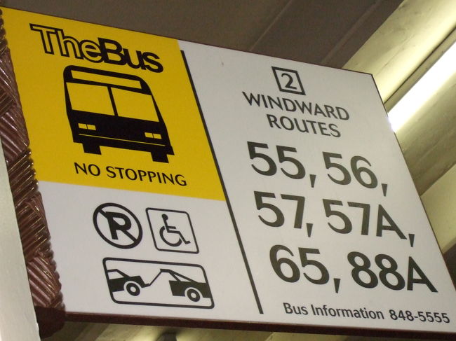 ホテルから歩く事40分くらいでしょうか…<br />アラモアナセンター到着！！<br /><br />バス乗り場でバスを待ちます。<br />カイルアの街を目指すので、56か57か57A番のバスに乗ります。メイシーズ前で降ります。<br /><br />そろそろかな〜と構えていたら、『あなたたちここで降りるんじゃない！？』と言うような事を言われ『メイシーズ？？』といったら『ここだよ』みたいな事を言われました（笑）時刻表も頂きました。<br />なぜ目的地が分かったのか…日本人は大体同じところで降りるのかも；<br />ちなみに、降りる時は紐を引っ張ると次ぎ停まりますと表示されます。<br />トランスファーは言わなくてももらえました。<br />…観光客だからかな；<br /><br />ハワイの人はとてもあったかいなぁと感じました。<br /><br /><br />