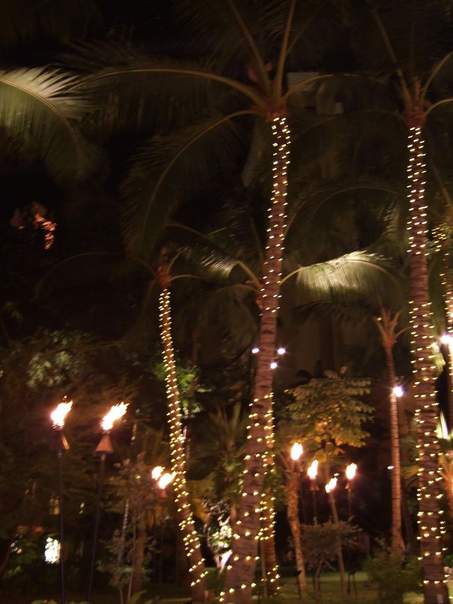 ロイヤルハワイアンセンター内で。<br />どなたかの旅行記でハワイの夜はオレンジで好きと見た事があるんですが、本当似そうだなって感じました。<br /><br />オレンジでなんかぼーっとしちゃいます。<br /><br />こうして長ーい一日は終わったのでした。<br />