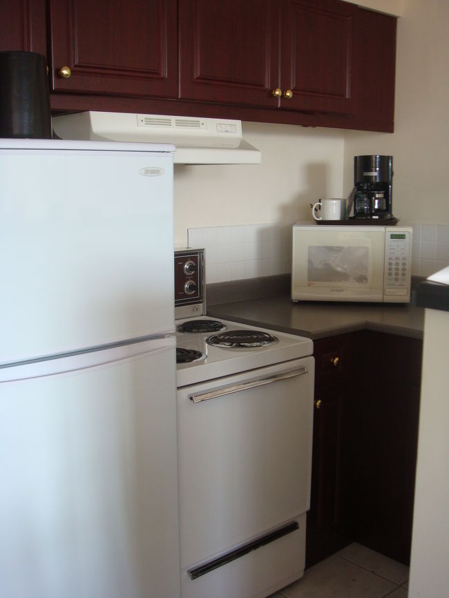 冷蔵庫・電子レンジ・コーヒーメーカー完備です。<br />コンロは4つ口でした。<br /><br />ティファールみたいな湯沸かし器もついてます。