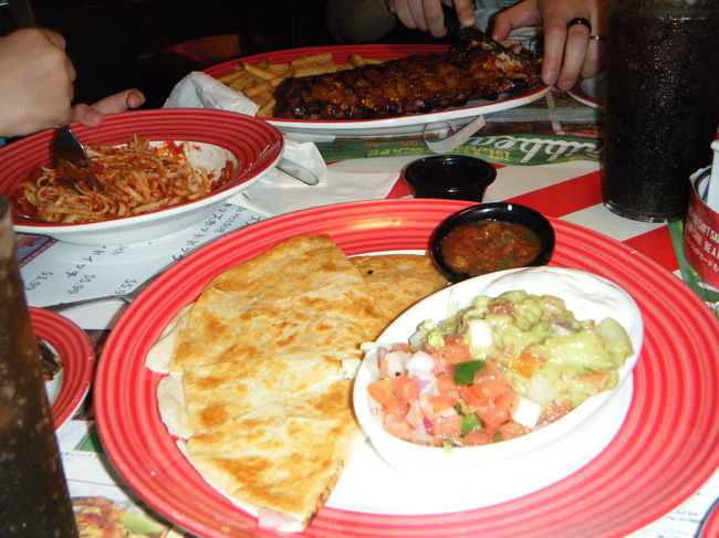 まずは、チキンケサディア。<br />右についてる、アボガドとトマトは口に合いませんでした。それぞれは好きなのに・・・。