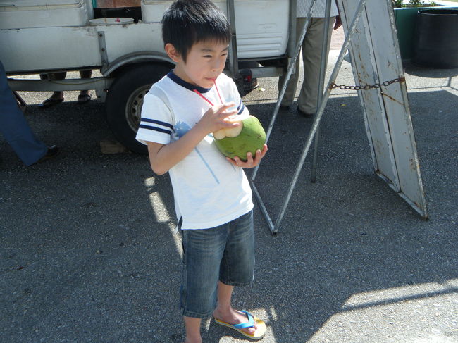 ここでは、ココナッツジュースを飲みました。<br />何年か前の愛地球博で飲んで美味しくなかったのですが、パパが買ってくれました。<br />意外に、熟しているのか甘かったです。<br />飲み終わった後は、中を割りココナッツの部分をそぎとってわさび醤油で頂きました。生臭みのないイカのお刺身のようで美味しかったです。