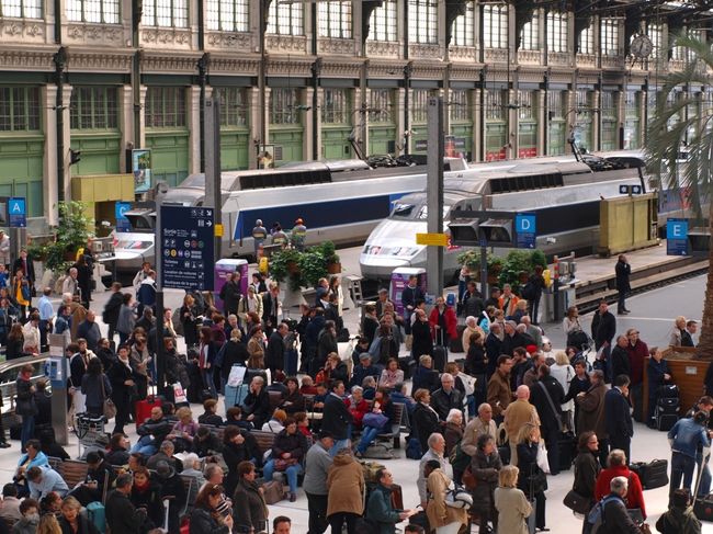 リヨン駅構内。南仏やイタリアへ向かう場合はこの駅から出発することになるから、きっと次回お世話になるだろうと思いました。<br />椰子の木なんかが置かれていて、地中海の明るい太陽を思い起こさせる計らいがされています。