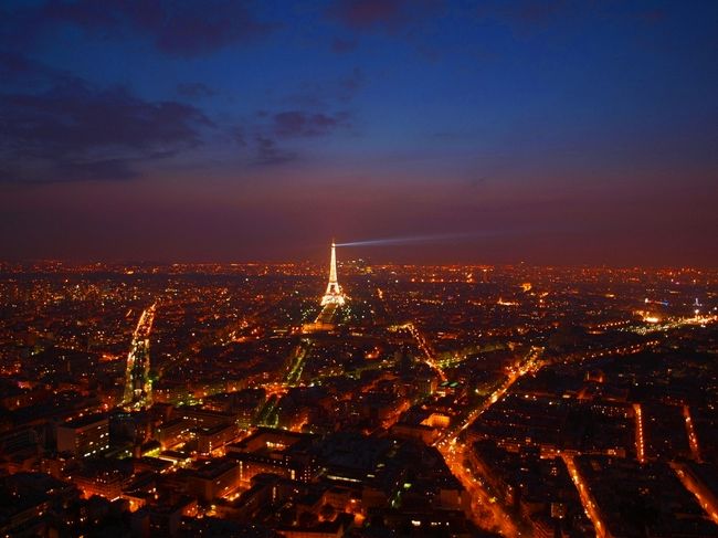 暗くなる頃、モンパルナスタワーの屋上に夜景を見に行きました。地上階のチケット売り場でもめている団体客がいて、屋上に到着したらこんなに暗くなってしまいました。残念！