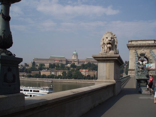 くさり橋からはブダの王宮がいい角度から見渡せます。<br /><br />橋の両側のたもとにあるライオン像は舌がないように見え、それを人々がからかったことにより、彫刻家がドナウ川に身を投げてしまったという逸話があります。<br />しかし実際は舌はあるそうで、彫刻家が身を投げたというのも作り話なのだそうです。