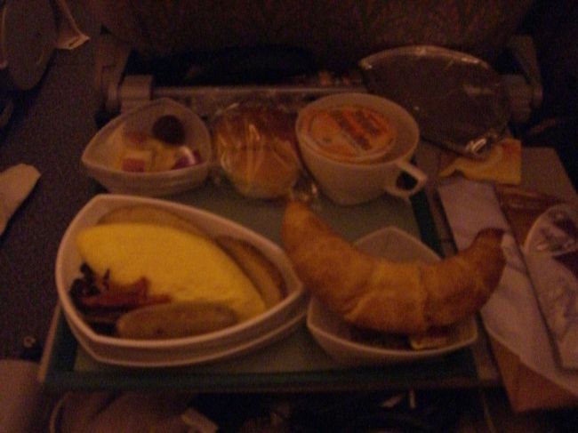 機内食第二回、朝食です。フルーツ・プレーンオムレツ・クロワッサンです。このオムレツに添えられたポテトがなかなかおいしかったです。今後も出てきますがエミレーツはジャガイモ料理が得意のようでジャガイモは全てレストランで食べるレベルのように感じました。クロワッサンも温かくておいしかったです。