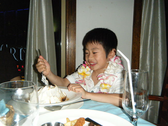 サービスのデザートですが、アイスのようなものの周りにメレンゲがあり、洋酒がかけてあって火がついてました。<br />結構大きく、中はカチカチで食べるのに苦労しました。