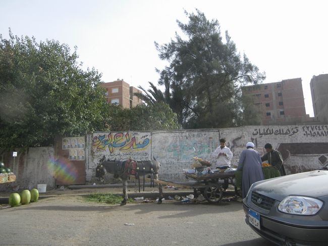 数時間でしたが、楽しいピラミッドツアーが終わった所で、ホテルまで戻ってきました。<br />もう17時になっていましたが、どうしてもスーパーマーケットでおみやげを買いたかったので、タクシーで「シティ・スターズ」というショッピングモールに行くことにしました。<br /><br />ホテルのボーイさんにタクシーを頼むと、ホテルからすぐそばにある地元民のためのカフェのような所にいたタクシー運転手を紹介してくれて、その人に連れて行ってもらうことにしました！<br />みんな知り合い繋がりなんですね〜(笑)<br /><br />この運転手さん、サーコという名前の45歳のおじさんで（全然そうは見えず、てっきり50代かと思った・笑）英語が話せるおもしろくて親切な、とてもいいドライバーさんでした♪<br />エジプトでは木曜日が週末らしく、道がものすごく混んでいて、普段だったら20分くらいで着くんだよって言ってましたが、結局1時間半もかかりました＞＜<br />エジプトにはほとんど信号がなくて、さらに道に書いてある白線はみんなただの飾りにしか思っていないそうで、タクシーに乗るとすごくよく分かりましたが、運転がひどすぎる!!!<br />サーコの運転は、とてもいい感じでしたが、次から次へと横入りはしてくるし、何車線で走っているのか不明でした（＾＾；<br />窓から見ているカイロの街は、楽しかったです♪<br />目が合うと手を振ってくれる人もいましたし、スイカ売りの人をよく見たり、色々な建物もあって、本当だったらゆっくり歩きたいですね！