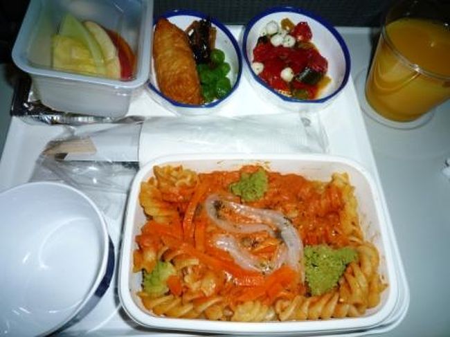 ３度目の食事もしっかり平らげる私。<br />さすがにもうアルコールは飲めません！<br />ちなみに、２度目の食事はグラタンが入ったパン。<br />合理的だな〜。<br /><br />そろそろ到着の合図。<br />映画３本観て、うろうろ＆うとうとして、、<br />１２時間半って、何気に楽勝じゃん！