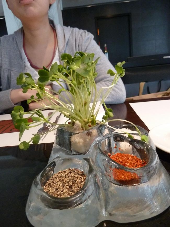 ピンチョというレストラン。<br /><br />手でつまんで食べるようなお料理が出てきます。<br />写真は、前菜？の貝割れ<br />こしょう・唐辛子．・塩が周りにあって受けながら注文したお料理がくるのを待ちます。<br /><br />PINXO<br />9, rue d'Alger<br />75001 Paris<br />TEL : 01 40 20 72 00