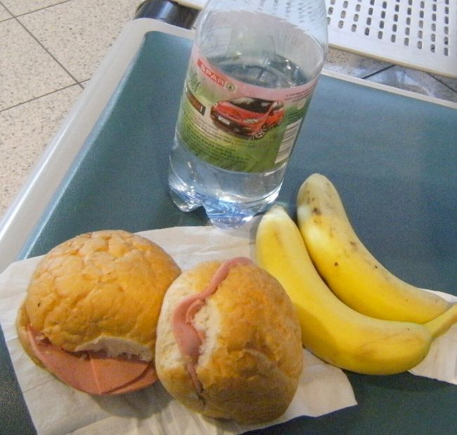 手作りのサンドウィチ（チ−ズとハム）、バナナに水。<br />