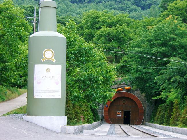 バスに揺られること約20分<br /><br />ワインのオブジェの奥には山の麓に<br />抱かれるようにトンネルが見えます♪<br />