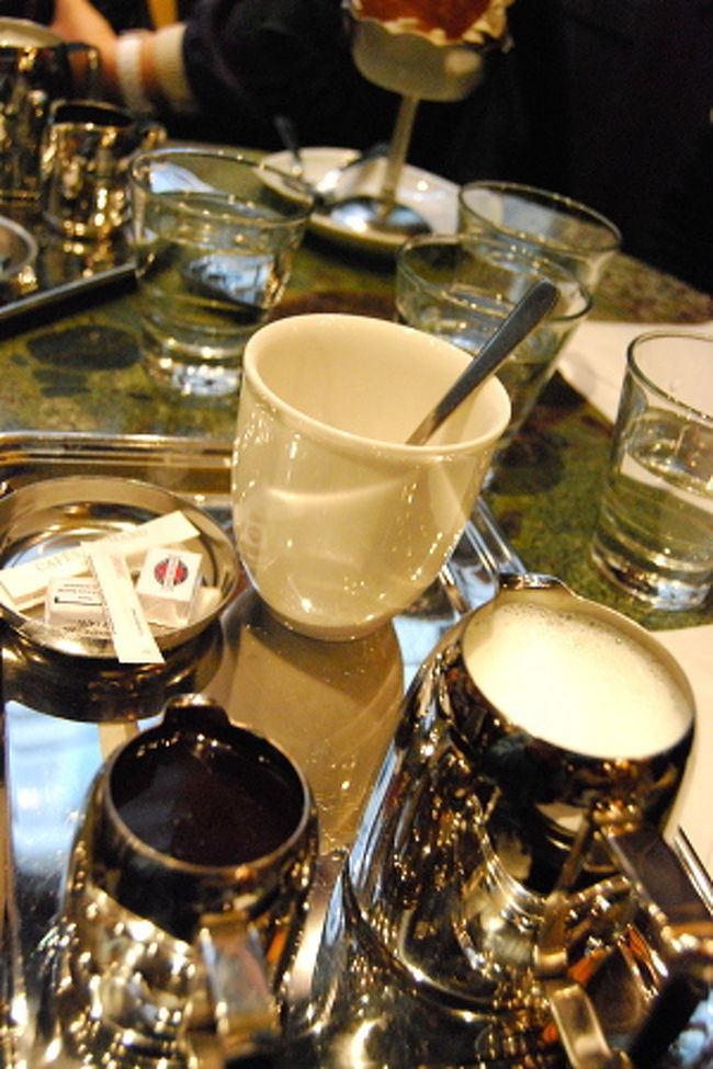 で、私が注文したのはホット・ショコラ。<br />チョコレートを液状にしたそのままの、甘さの中にしっかりとほろ苦い香ばしさがある濃厚なショコラに、（カプチーノなどに入れるミルクのように泡立ててある牛乳）口当たりの軽いスチームミルクを合わせて飲みます。<br />寒かったのでとても体が温まり、至福の美味さでした。