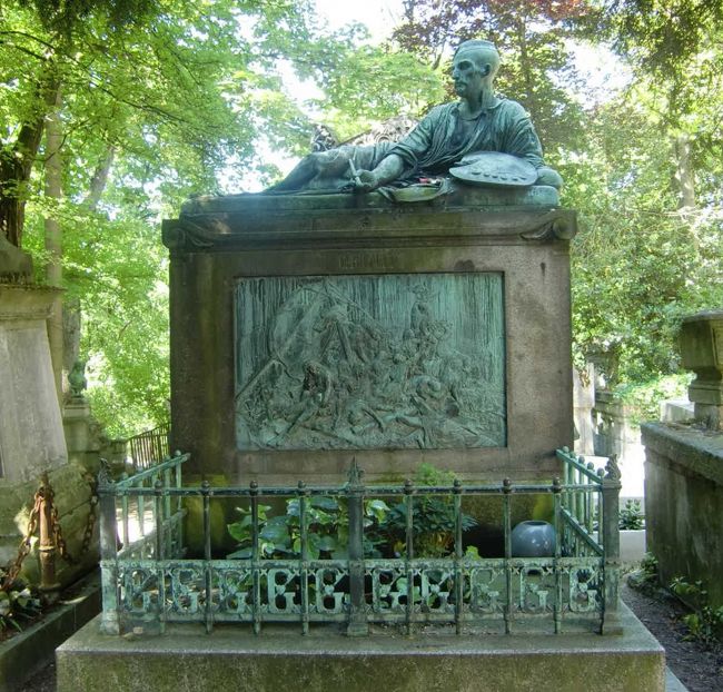 ペール・ラシェーズ墓地。<br />ジェリコー。<br />碑板はルーヴルにある「メデュース号の筏」の絵が彫られている。