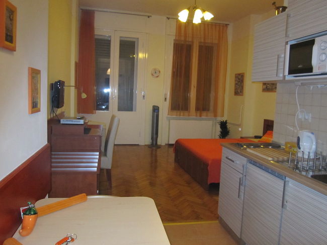 ブダペストの宿<br /><br />Paprika Apartman<br />http://www.paprikaapartment.com/<br /><br />１泊 €４５。<br /><br />キッチン用品、食器付き。ドライヤー、洗濯機もあり。<br />干すための折りたたみの柵？もあった。<br />石鹸、シャンプー、タオル、バスタオルあり。<br />ネットもできた。<br /><br /><br />