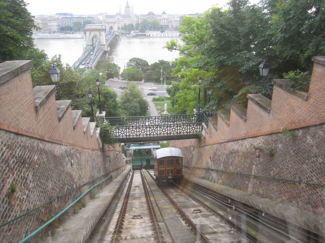 ケーブルカーから見たくさり橋<br /><br />窓はそんなにきれいじゃないから、多少曇って写った。<br />降りるケーブルカーとすれ違う。もちろん誰も乗ってなかった。