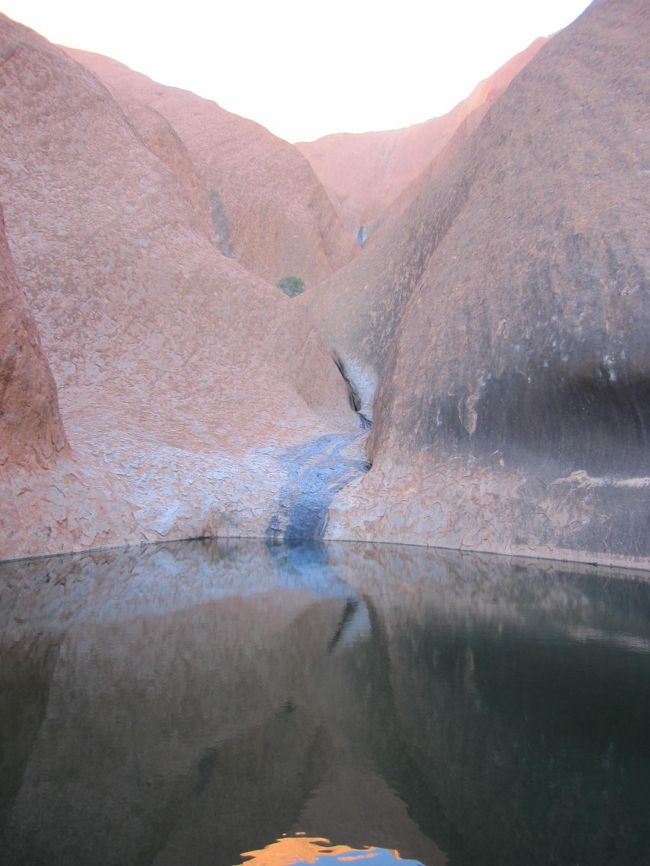 ムティジュルの泉です。<br />他の水場が枯れてしまっても、ここだけは枯れないと言われています。<br /><br />伝説によると、ニシキヘビのクニヤは自分の卵が孵化しそうになると、ウルルの西側にある洞窟に戻り、新しい子供の誕生を待っていました。<br /><br />そんな折、クニヤの甥のクカクカが毒蛇のリルにいたずらをしたため、リルが怒り、クカクカに槍を放ち、クカクカを殺してしまいます。