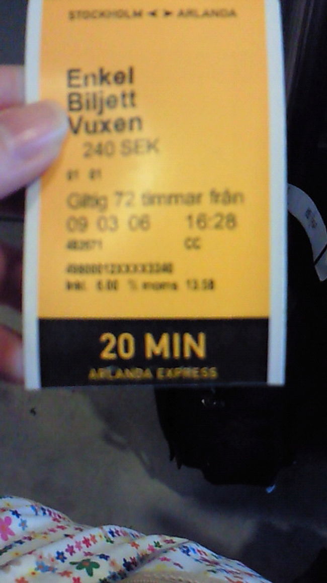 ボケボケ写真ですみません。<br />アーランダ空港からアーランダエクスプレスに乗ってストックホルム市内へ。<br />たった20分の乗車なのに、二人で480SEK!!<br />当時のレートが1SEK=10.5円ぐらい（かなり曖昧ですが）だったので、おおよそ5,000円弱！<br />高すぎ！