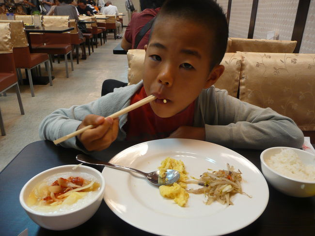 翌朝のホテルの朝食。<br /><br />ホテルの値段って　ここに差がでるんですね・・。<br />バイキングですが　息子の食べたいものがなく<br />大きな皿に　これだけ。<br /><br />私も　写真左の粥のみ。<br />タダ　だし、仕方ないか・・・。