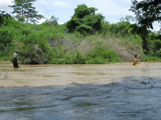 先に投網をしている息子？に声を掛ける。<br /><br />「おーい！捕れたかー？」<br /><br />息子の腰に着けている網の袋の中には15cmほどの魚が数匹入っていた。<br />