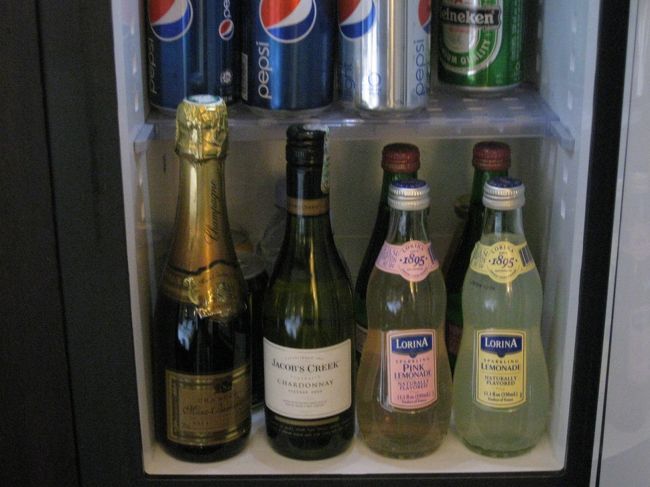 冷蔵庫は奥行きが浅いので思ったほどは入らない。買って来た水やビールなどを入れる為、全て外に出し収納〜<br />因みに冷蔵庫の中で無料のものは、コーヒー用ミルクとlocal mineral water2本のみ。他のものは全て有料なので気をつけましょう、激高です。