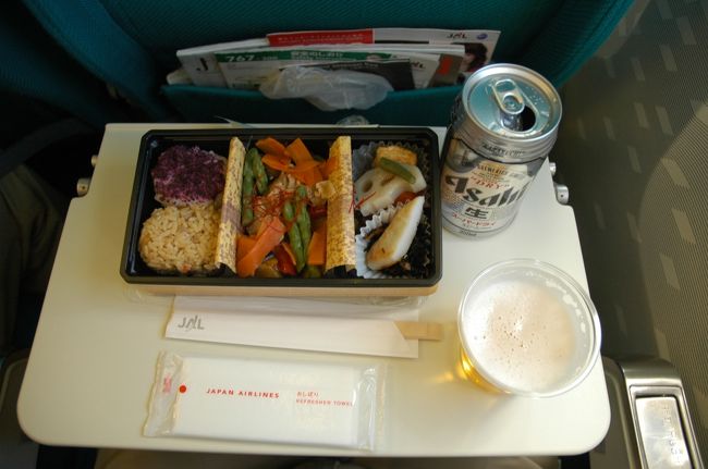 楽しいソウル観光もあっという間に終わり。<br />こちらは帰りの仁川〜成田の晩御飯。ゆかりご飯と茶飯のオニギリ、夏野菜の煮物というメニュー。韓国で飲んだハイトビールも美味しかったけど、ちょっと味が薄いんだよなあ。やっぱりビールはスーパードライか。