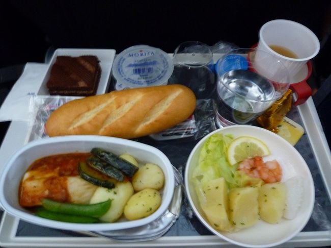 航空会社は運良く、エールフランス♪通路側♪<br />ジャガイモどんだけ食べさせる気！？<br />ラタトュウユみたいなのおいしかった。<br /><br />私は飛行機の友、耳栓が必須。いつも耳が痛くなるけど、<br />今回は子供用にしてみたら、これが当たり。痛くない♪