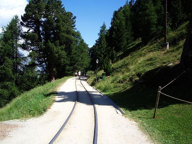 リッフェルアルプリゾートからは<br />この路面電車の線路に沿って、駅に向かいます。<br /><br />さっきの電車は、駅からの送迎用なんですね。