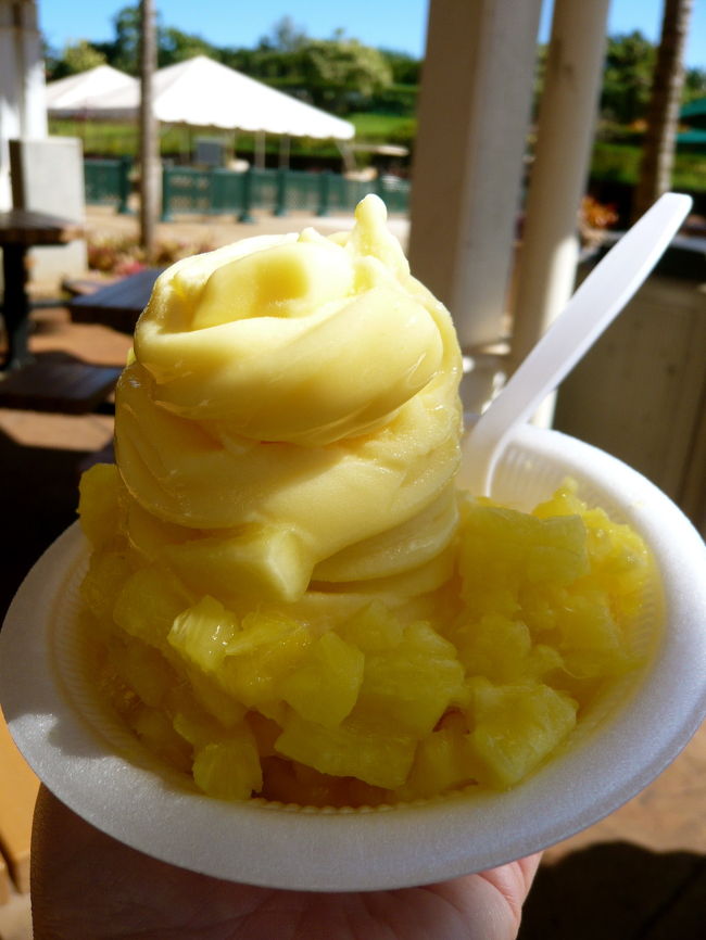 まずはショップに走ってって<br />パインアイスをオーダー。<br />パインのソフトクリームに<br />ざく切りのパイナップルがごろごろ★<br />甘すぎなくてジューシーでおいしい！