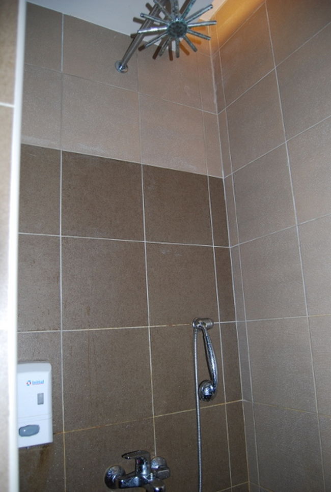 写真のようにシャワーは頭上に固定式のものが、壁にハンドシャワーがあります。<br />左にあるのはボディソープ。シャンプーはありません。<br />バスタオルが1枚おいてあります。<br />普通サイズのタオルはおいてありません。