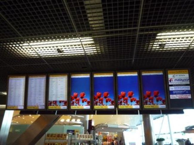 ＥＵ出国のパスポートコントロールが若干混みつつも、難なくクリア。<br /><br />Ｗｅｂチェックインはしてあったけど、ＪＬの乗継カウンターでボーディングパスを受け取らないとね。<br /><br />案内表示板にもチューリップだよ。