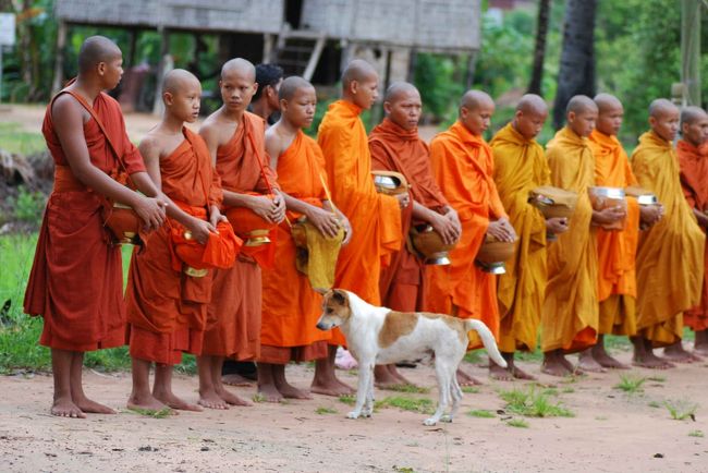 仏教寺院も数多くあり、若い僧は托鉢に出かけます。<br />彼らは、午後からは食事は摂れません。