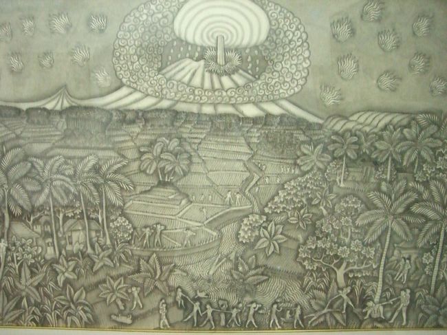 ウブドに到着したら、まずネカ美術館に向かってもらいました。<br />この絵は先ほど見たキンタマーニ高原の火山を描いたものです。<br />結構作品数が多くて見ごたえがあり、バリ島をテーマにした絵画が多いので面白かったです。