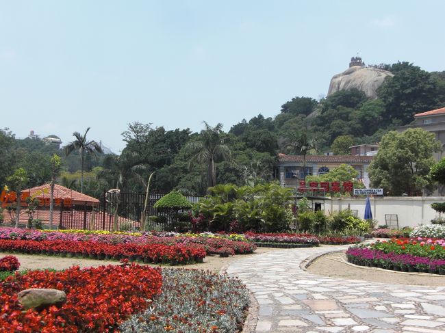 お花畑の向こうにはコロンス島中心にある日光岩が見えます