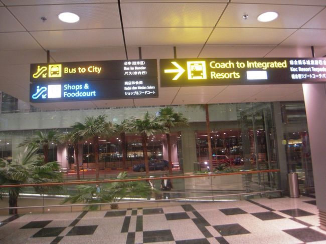 チャンギ空港は日本語表示でいっぱいです。<br />英語が苦手な人も一安心ですね。<br />宿泊しているホテルには無料のシャトルバスが走っていると聞いていたので、<br />インフォメーションの人にどこで乗るか聞く。<br />するとびっくり全く聞き取れない！<br />時間すら全く・・・<br />インド系の人だったので、途中タミル語を話しているのかと思ってしまいました。<br />これがシングリッシュというものなのですね。<br />何度も根気よく聞くと、次のバスは1時間後とのこと。。。<br />ということでバスは諦めタクシーで向かうことに。