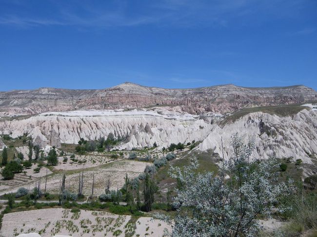 この目の前に広がった絶景！！！<br />【ローズバレー】です☆<br /><br />夕陽にあたってローズ色になるからローズバレーって言うんでしょうけど、日中来てもとてもきれい♪<br />そよそよ風が心地よくて、しばらく眺めてました。<br />手前の白い岩は、見た目は生クリームみたいでやわらかそうだったので、ハサンさんに「あれは柔らかそうだけど、でも硬いんだよね？」って聞いてみたりしたけど、やっぱり硬いらしい。<br /><br />あたし達以外には誰もいなくて、この景色を独り占めしたみたい！<br />そうそう、ハサンさんが「写真を一緒に撮ろうか」って言うので、てっきりあたしとあっちゃんを一緒に撮ってくれるのかと思いきや、「自分と」でした(笑)