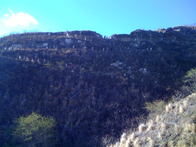 くだってる途中で振り返ると、、、<br />つづら折りの道には、人が連なってました＾＾；<br /><br />早めにのぼって、早めにおりるのがお勧めｗ。<br />そのためには、３ドルくらい払って門の中にある駐車場まで車で行き、そこからすぐに上り始める事が重要。<br /><br />団体ツアーは、門の外にある無料の駐車場から歩いていくので、その人たちよりも、５００ｍくらいアドバンテージがあります。もちろん後ろからすごい勢いで歩いてくる人たちがいるので、上るスピード次第ではあっという間に抜かされますが＾＾；