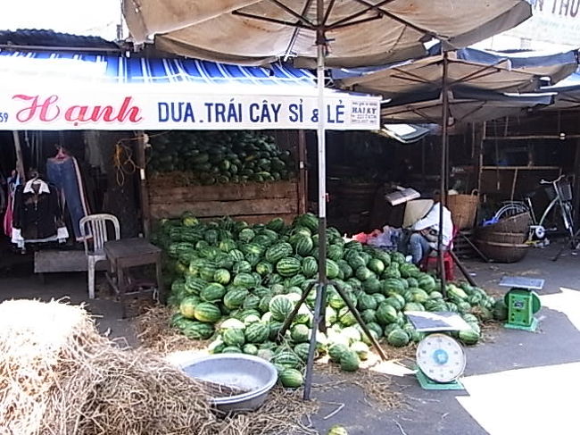 スイカ屋さん（寝てた）<br /><br /><br />それにしてもこの市場、活気が無さすぎる・・・・<br />え、生きてる？　ってくらい<br /><br />しかしフルーツはけっこうイキイキ