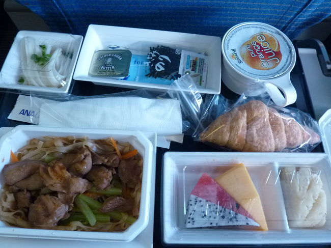 目が覚めると食事の時間です。<br /><br />チキンの焼きフォーと、フルーツとうどん＾＾<br /><br />もうすぐ成田に到着です。<br />天気は晴れ、気温は22℃<br />え〜、日本は一気に秋になっていました。<br /><br />今回も楽しい旅を、ありがとうございました！<br />ホテル選びを迷った優柔不断に付き合って下さった旅行会社の女性の方。<br />楽しい現地係員の方々。<br />ホテルの優しいスタッフ。<br />美味しい食事を提供して下さったレストランの方々。<br />市場で、ドルを出した時に最初はきっぱり断ったけど、困っていたら受け付けてくれて、お釣り代わりにお菓子をくれたおばちゃん。<br />みんなにこやかに接して下さって、本当にありがとうございました！！<br /><br />また一つ、人が好きになる、良い旅にして頂きました。<br />カムオーン♪♪