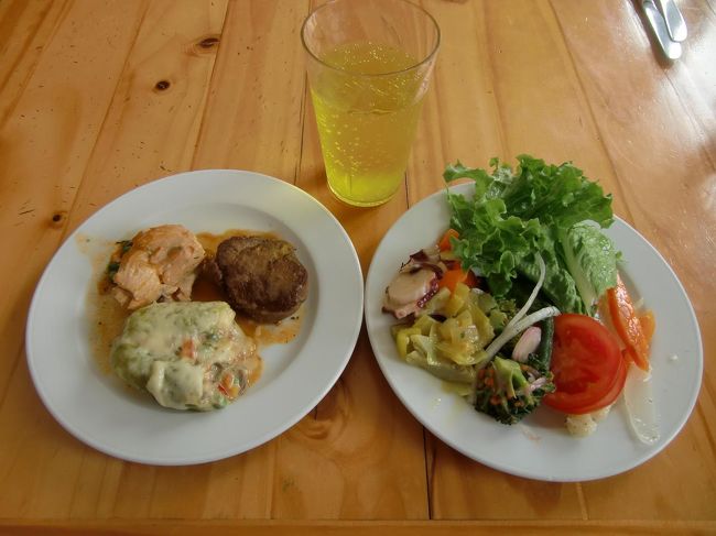 ビュッフェの種類は多く、前菜、サラダ、メインと、少量ずつ取り分けて自分のランチメニュー（写真）にする。どれもうまい！