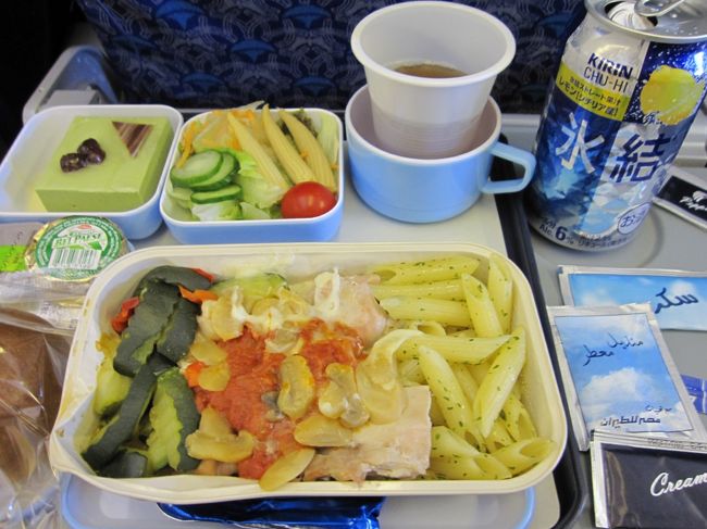 １回目の機内食です。<br /><br />エジプト航空は宗教上アルコールの提供が出来ない。<br />ただ、免税店で購入しての持ち込みはｏｋな為、アルコールを買ってご飯と一緒に・・・<br /><br />食事はびみょぉ〜