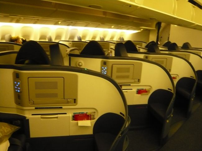 デルタ航空281便　成田⇒シンガポール<br /><br />ビジネス・エリートは前方にあります。<br />このように斜め掛けになっていて、１・２・１列の<br />横４列配置です。
