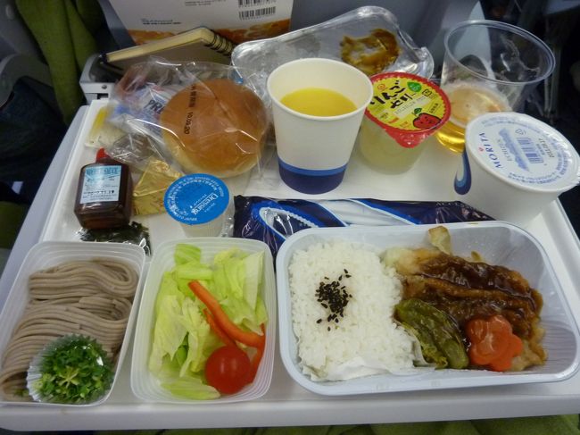 機内食。お魚を選んだら、テンプラみたいなやつ。<br />なかなかおいしかった！