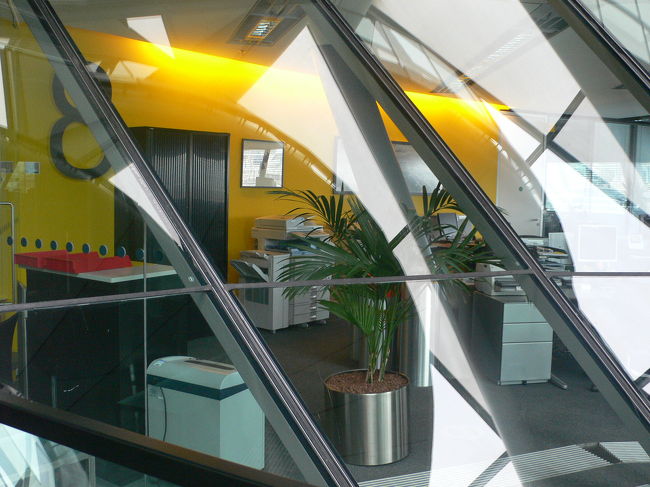 そして、その吹き抜けの半円を囲むようにオフィスがあります。黄色い壁がかわいい。<br />こんな明るいオフィスなら仕事がはかどりそう、かよく昼寝できそう（笑）