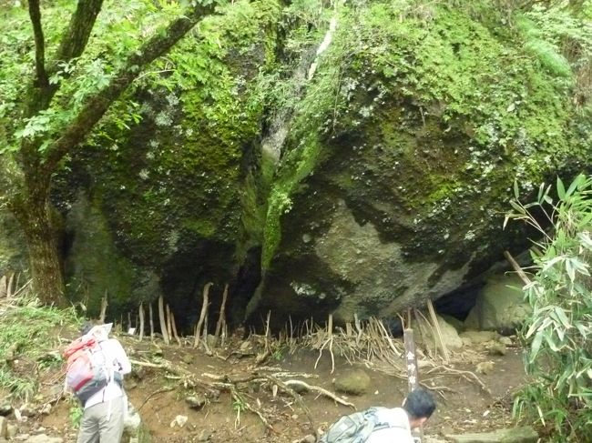 途中でっかい岩を発見<br /><br />「金時宿りの石」<br />とある。<br /><br />何百トンもありそうな、いまにもこっちに転がりそうな岩に、つっかえ棒の小枝が立てかけてあるのだ。<br />結構笑える。<br /><br />