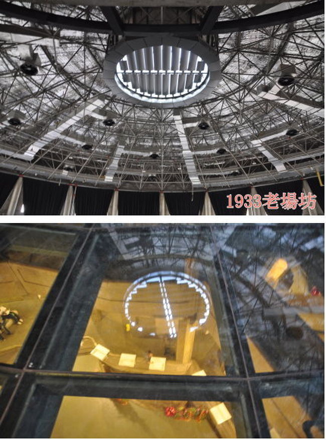 建物の中央。上を見上げると迫力あります。下を見ると、1階まで見えるのでかなり怖いです。環球ビルの100階の展望台と似たものがあります。