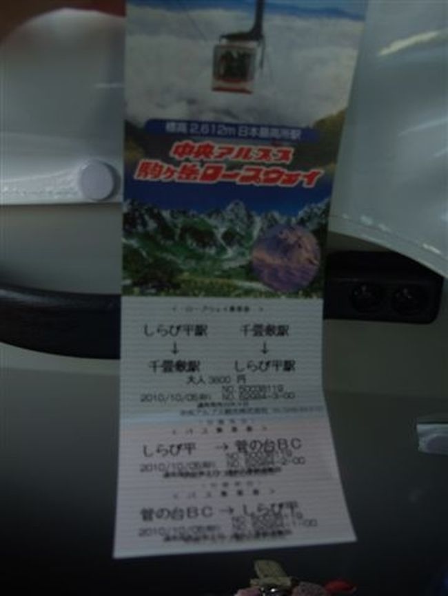 アクセス：東京方面からだと八王子IC〜駒ヶ根ICまで中央道で約3時間。<br />駒ヶ根ICから菅の台バスセンターまでは県道を3分。<br /><br />菅の台バスセンターより先は一般車は進入禁止です。<br />自家用車は駐車場（1日500円）に停めて、バスでしらび平駅まで行きます。<br /><br />バスとロープウェイの往復券（3,800円）<br />バス：菅の台BC⇔しらび平<br />ロープウェイ：しらび平⇔千畳敷駅