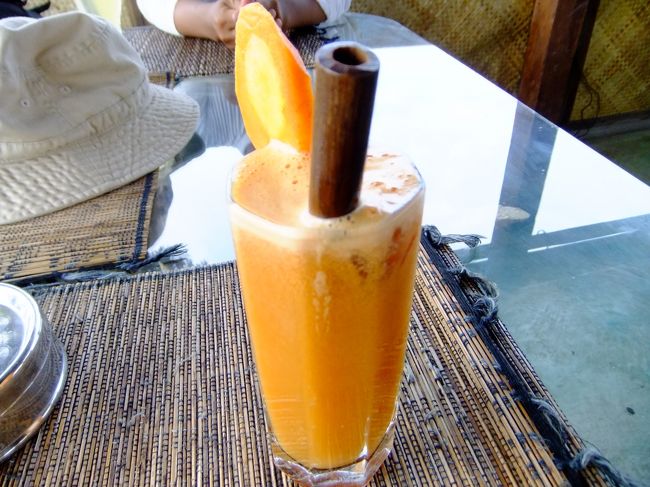 私はリンゴとニンジンのミックスジュースを注文しました。23.000ルピア（約210円）<br /><br />カデさんの話によると、<br />ここでは朝食セットや、取れたて野菜のサラダがオススメとのことです。